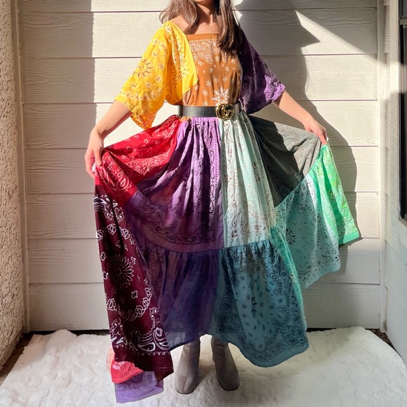 Rainbow | Handmade Earthy Voluminous Maxi Bandana Dress SKU 04294 - Picture 6 of 16